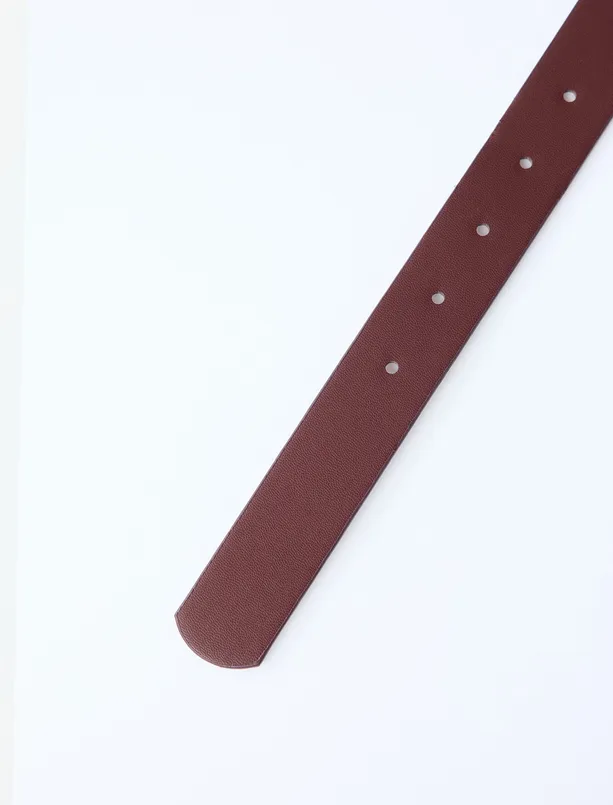 Bayan Bordo Deri Görünümlü Parlak Metal Tokalı Kemer