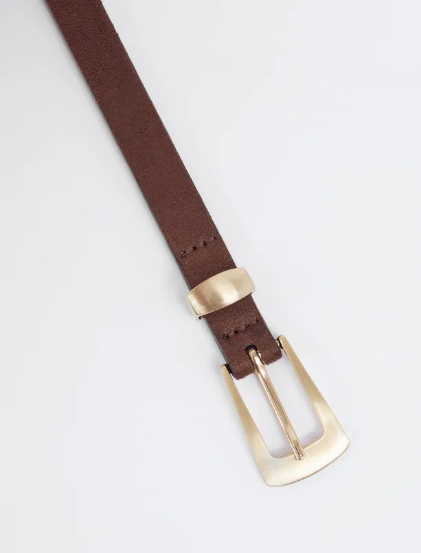 Bayan Kahverengi Süet Görünümlü Parlak Tokalı Kemer