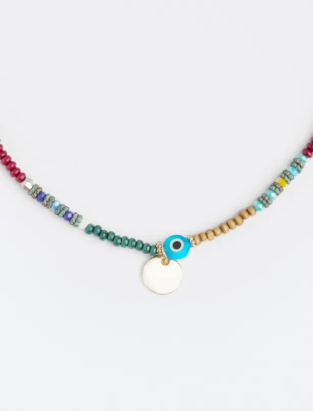 Women Brown Colorful Bead Detailed Metal Figured Necklace