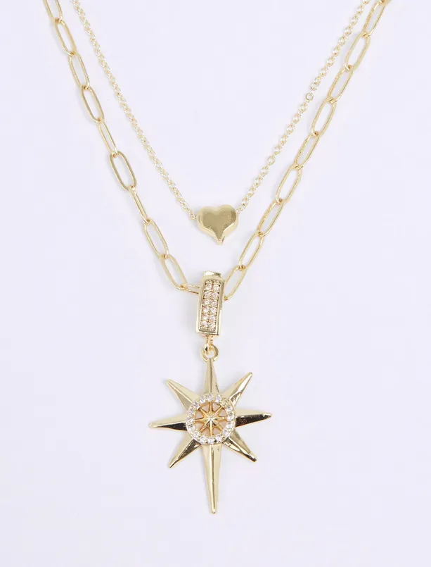 Women Yellow Star and Heart Figured Multi Chain Necklace