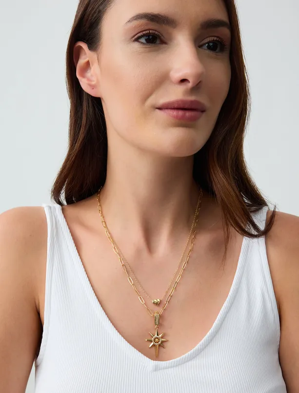 Women Yellow Star and Heart Figured Multi Chain Necklace