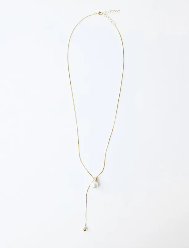 Bayan Sarı İnci Detaylı Metal Top Figürlü Ayarlanabilir Kolye