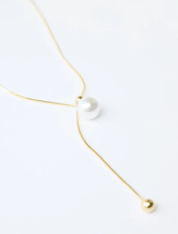 Women Yellow Pearl Detailed Metal Ball Figured Adjustable Necklace