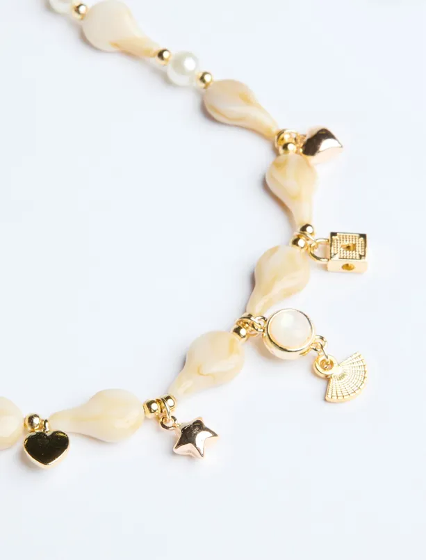 Bayan Ekru Çoklu Charm Detaylı Ayarlanabilir Kolye