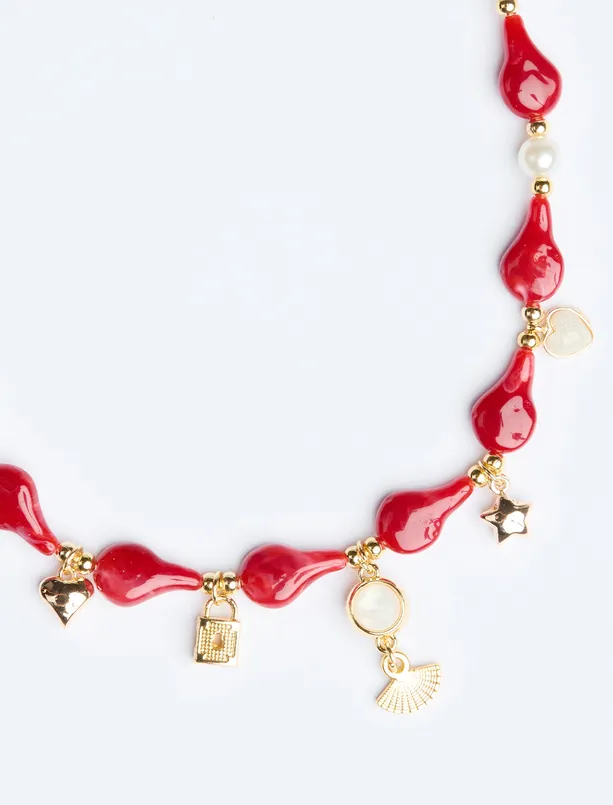 Bayan Kırmızı Çoklu Charm Detaylı Ayarlanabilir Kolye