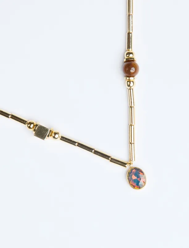 Women Yellow Adjustable Chain Necklace with Colorful Stone Detail