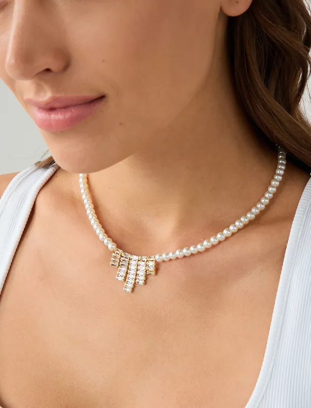 Women Yellow Pearl Detailed Asymmetric Figured Adjustable Necklace