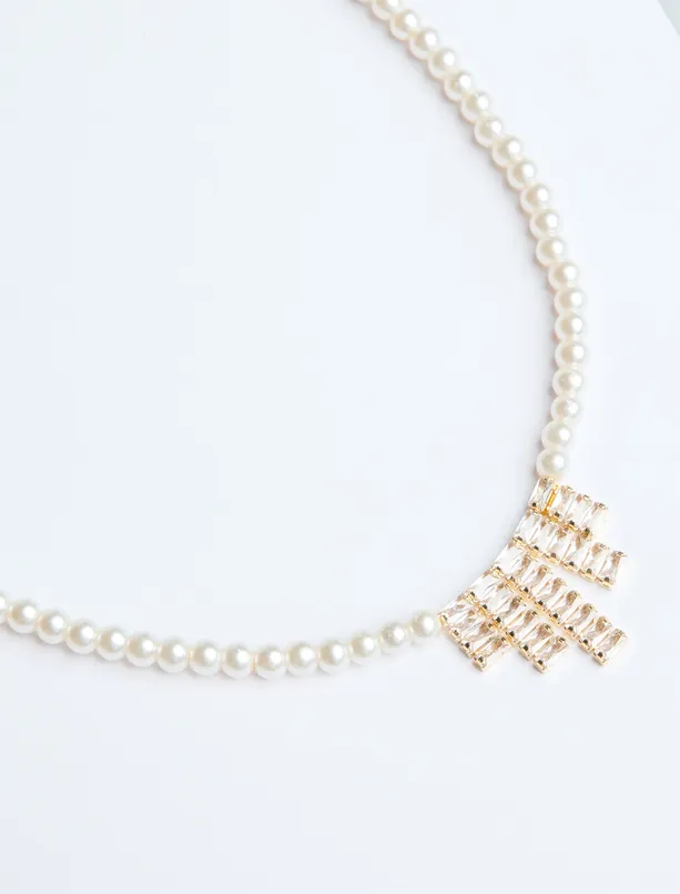 Bayan Sarı İnci Detaylı Asimetrik Figürlü Ayarlanabilir Kolye