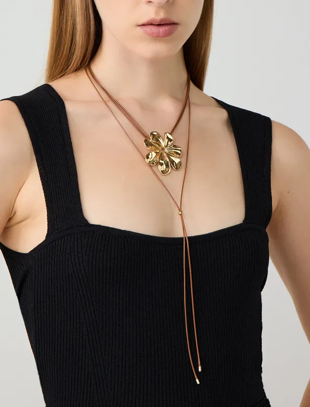 Women Yellow Shiny Flower Figured Adjustable String Necklace