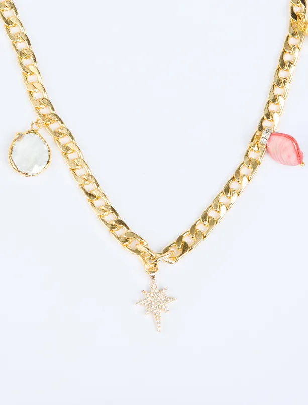 Women Yellow Adjustable Thick Chain Necklace with Multi Charms