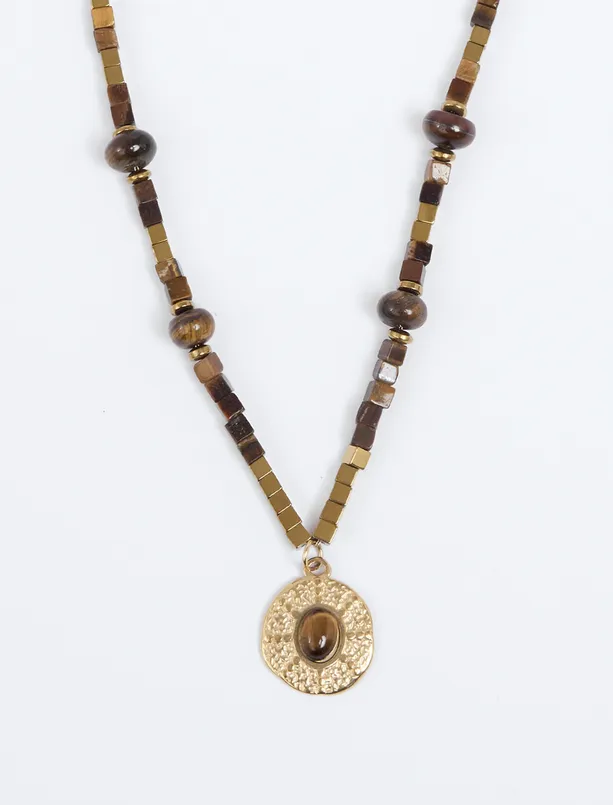 Bayan Kahverengi Etnik Figürlü Taşlı Kolye