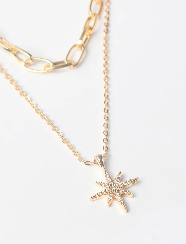 Women Yellow Star Figured Double Chain Necklace