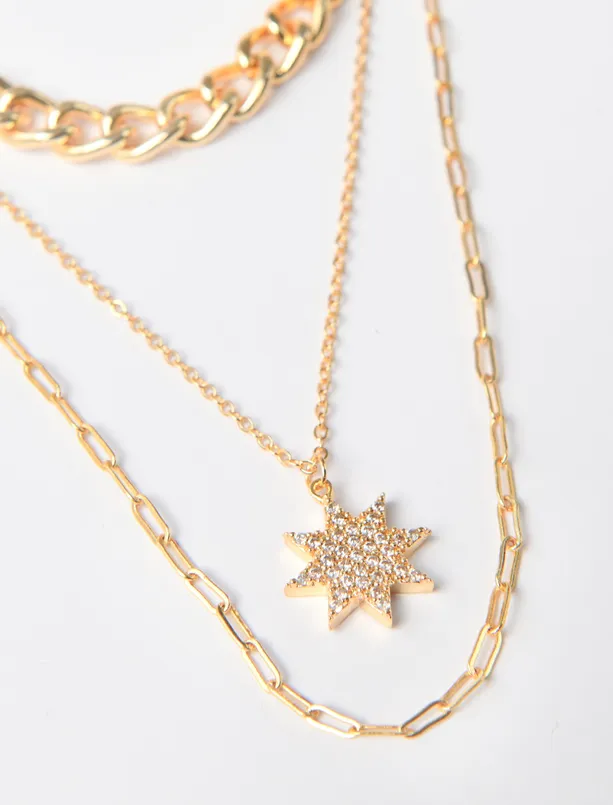 Women Yellow Star Figured Triple Chain Necklace