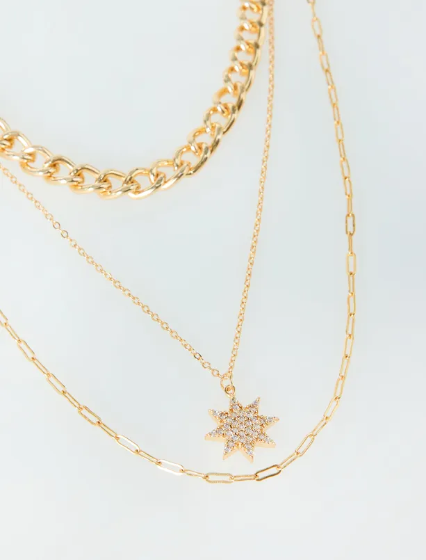 Women Yellow Star Figured Triple Chain Necklace