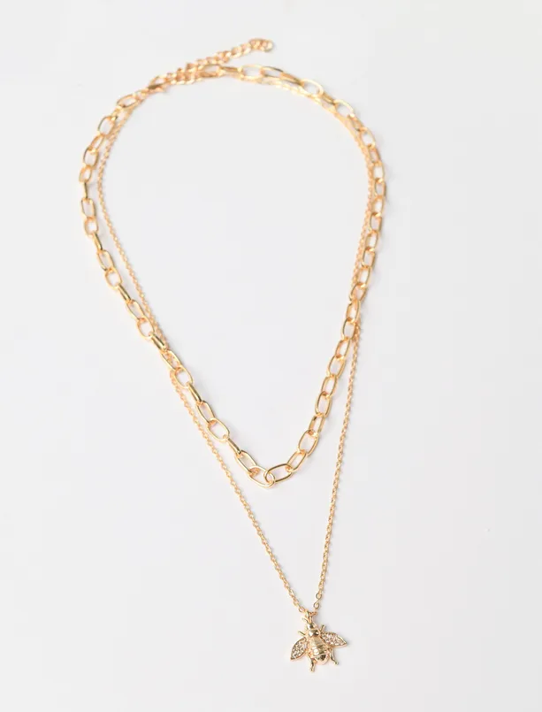 Women Yellow Bee Figured Double Chain Necklace