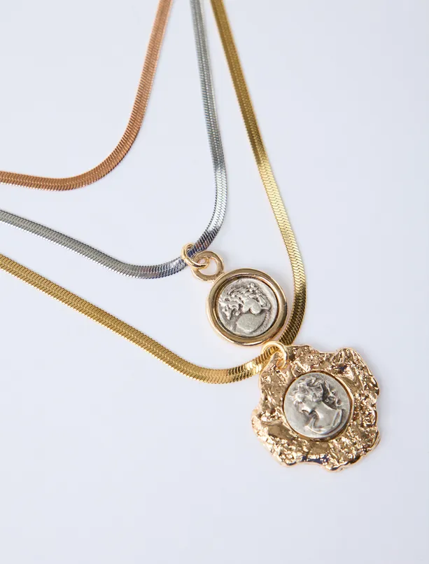 Bayan Sarı Üçlü İtalyan Zincirli Etnik Desenli Kolye