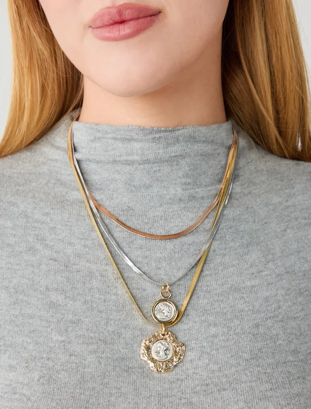 Bayan  Üçlü İtalyan Zincirli Etnik Desenli Kolye