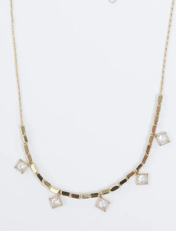 Bayan Sarı Kare Figürlü Kristal Taşlı Kolye