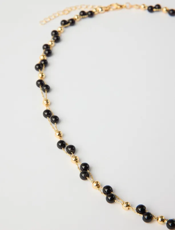 Women Black Gold Plated Adjustable Necklace with Pearl Details