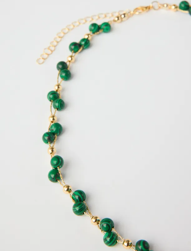 Bayan Yeşil İnci Detaylı Altın Kaplama Ayarlanabilir Kolye