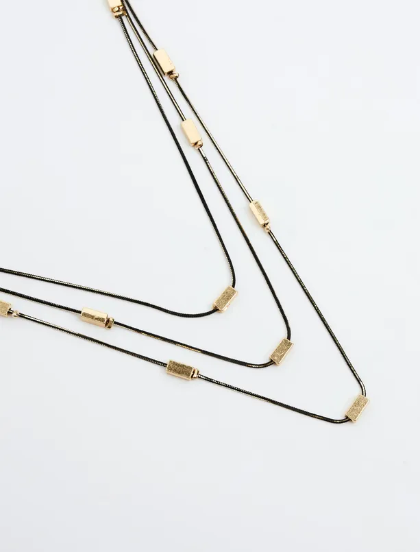 Bayan Karışık Dikdörtgen Figürlü Üçlü Ayarlanabilir Kolye