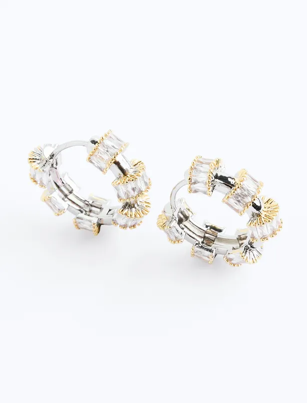 Women Yellow Mini Hoop Earrings with Shiny Stone Detail