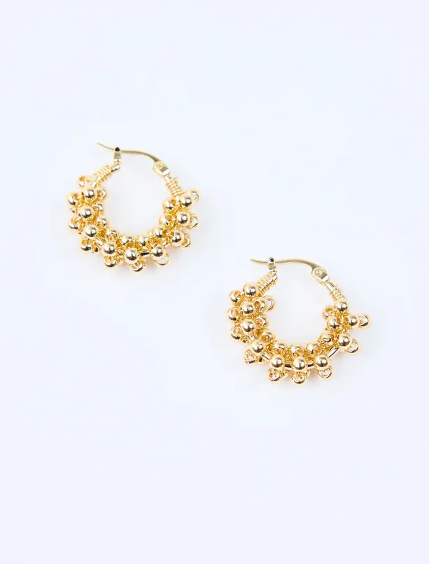 Women Yellow Multiple Ball Figured Hoop Earrings