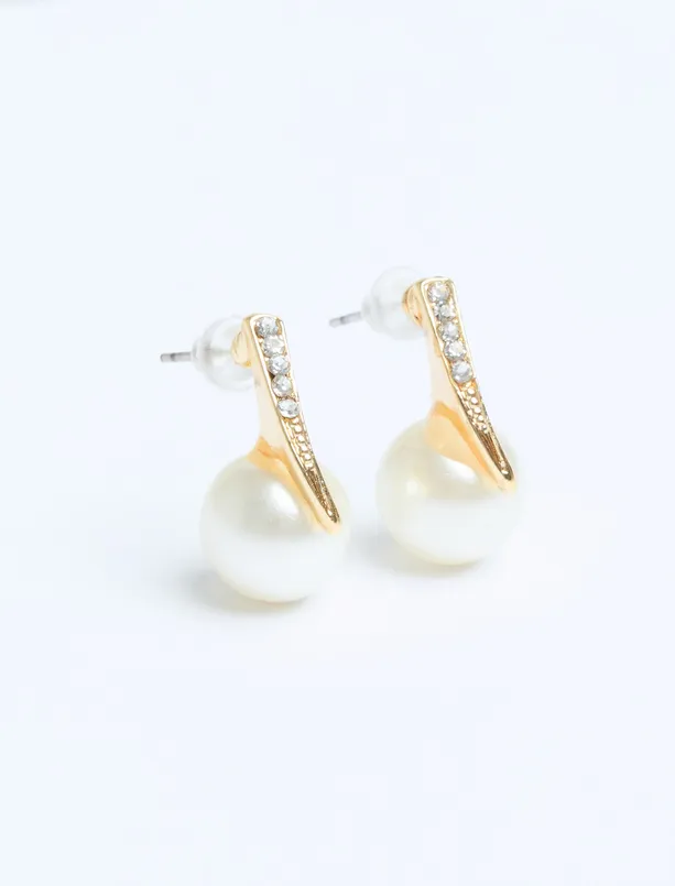 Women Grey Pearl Figured Glittering Elegant Earrings