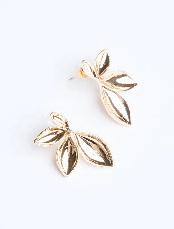 Bayan Sarı Parlak Yaprak Figürlü Modern Küpe