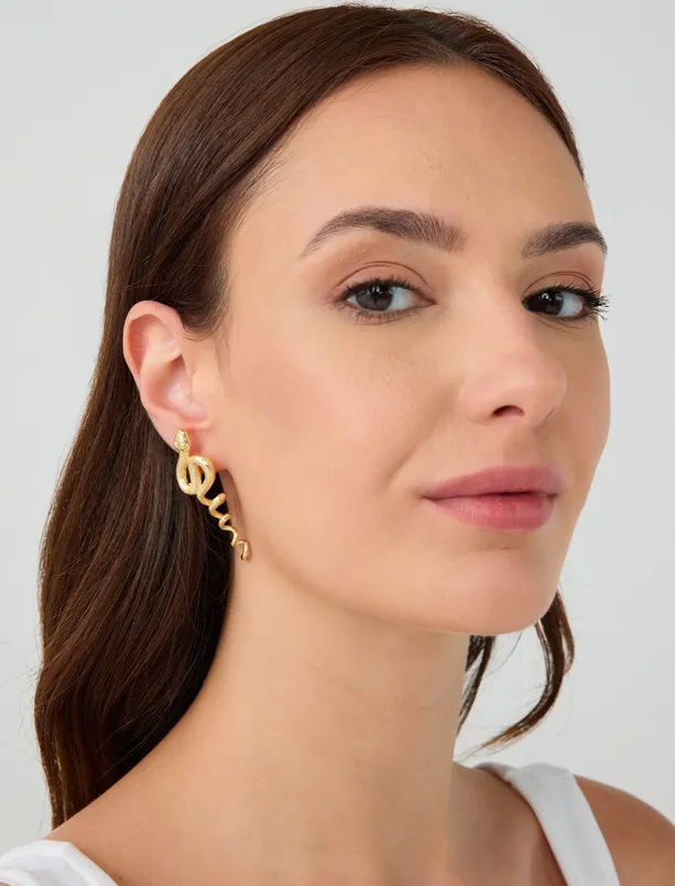 Women Yellow Snake Figured Shiny Earrings