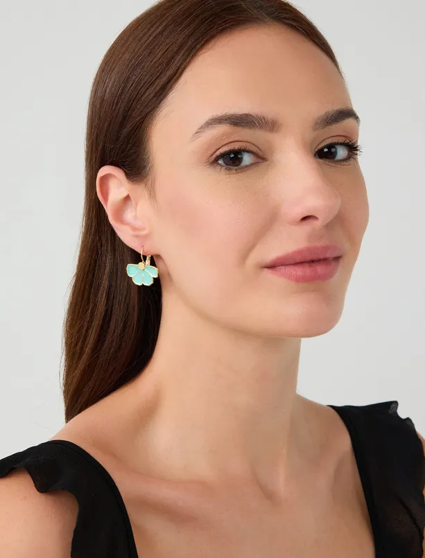 Women Green Minimal Earrings with Flower Figured Enamel Detail