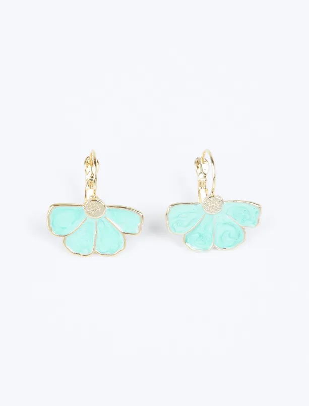 Women Green Minimal Earrings with Flower Figured Enamel Detail