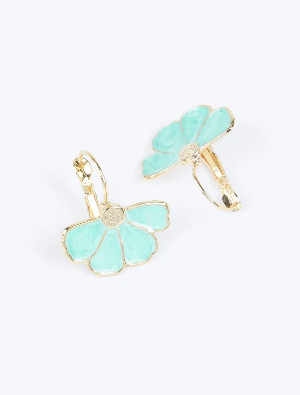 Bayan Yeşil Çiçek Figürlü Mine Detaylı Minimal Küpe