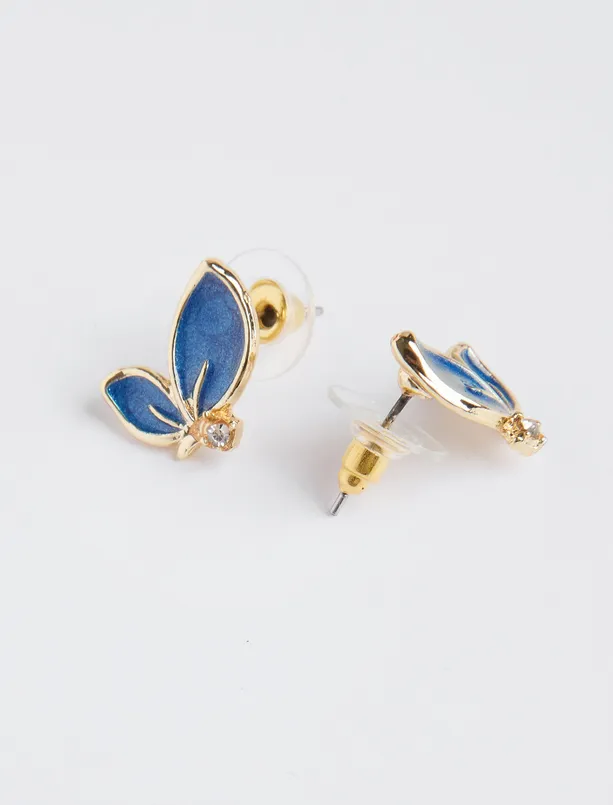 Women Blue Enamel Detailed Leaf Figured Earrings