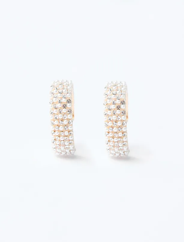 Bayan Sarı İnci ve Taş Detaylı Zarif Halka Küpe