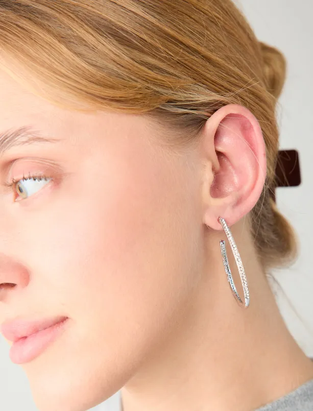 Bayan  Parlak Taş Detaylı Büyük Halka Küpe