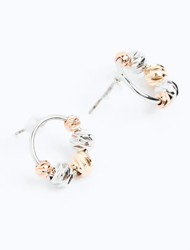Women Mixed Metal Hoop Earrings with Ball Detail