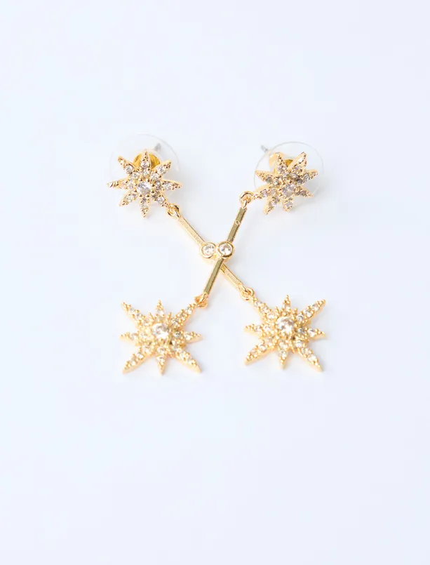 Bayan Sarı Parlak Taş Detaylı Yıldız Figürlü Sallanan Küpe