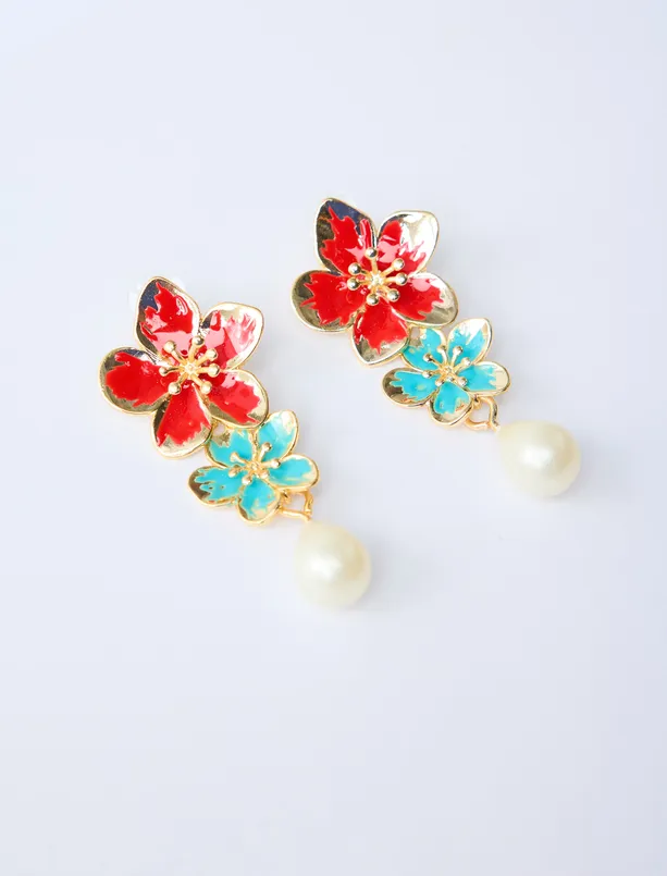 Bayan Karışık Renkli Çiçek Figürlü İncili Küpe