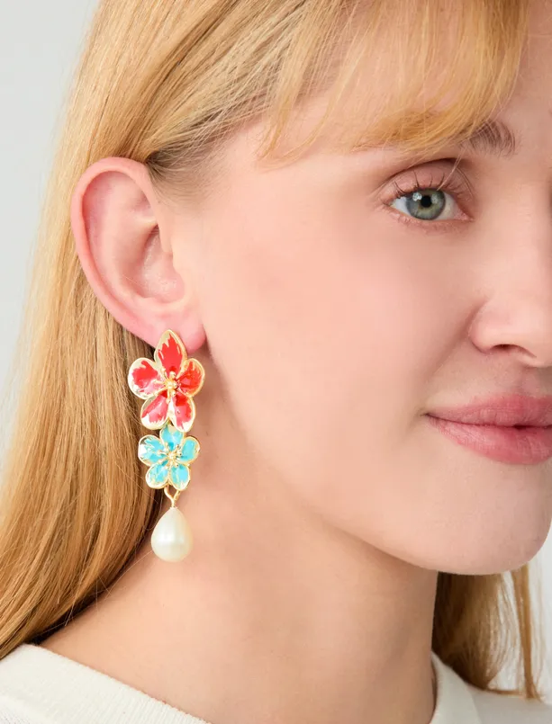 Bayan  Renkli Çiçek Figürlü İncili Küpe