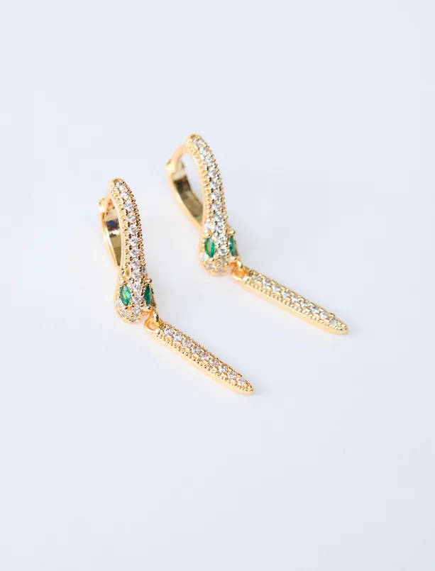 Bayan Sarı Yılan Figürlü Işıltılı Klipsli Küpe