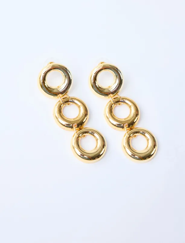 Bayan Sarı Üçlü Oval Figürlü Sallanan Küpe