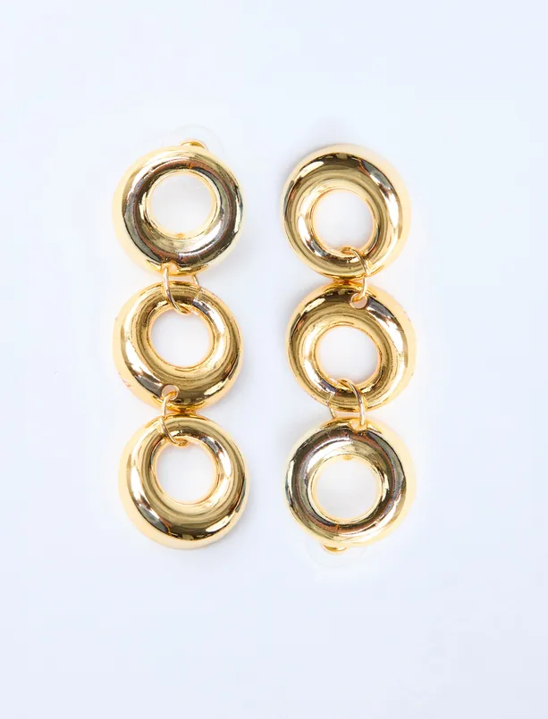Women Yellow Triple Oval Figured Dangle Earrings