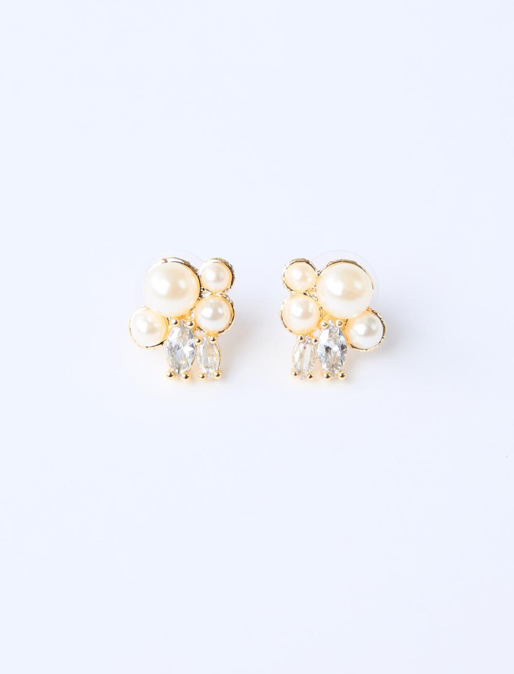 Çoklu Top İnci Detaylı Parlak Taşlı Küpe