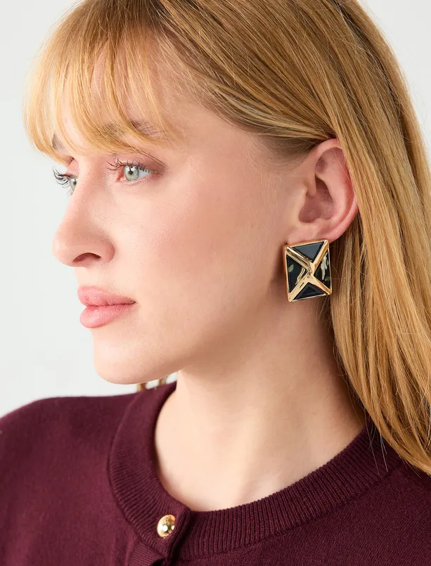 Bayan  Kare Figürlü Çapraz Desenli Küpe