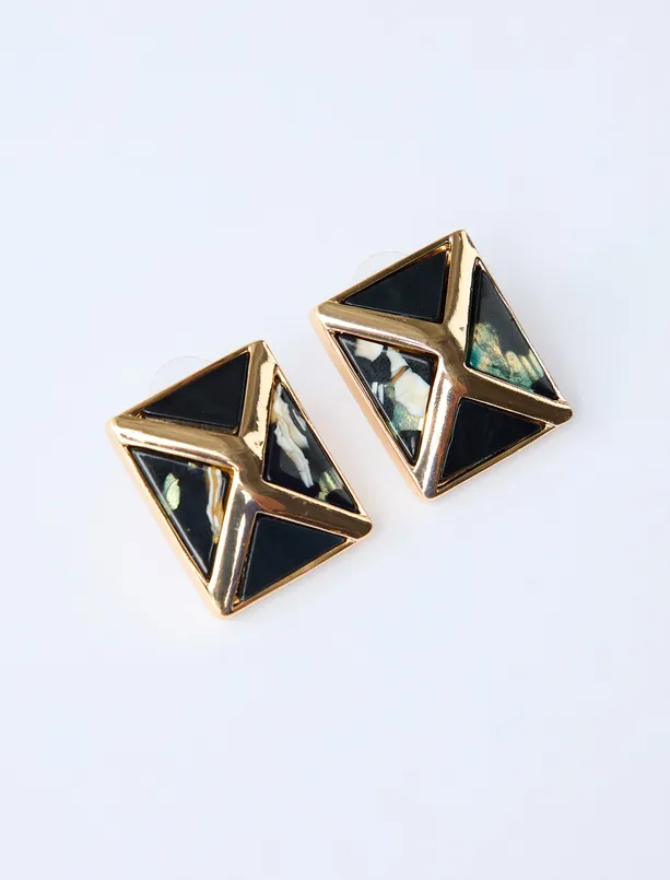 Bayan Karışık Kare Figürlü Çapraz Desenli Küpe