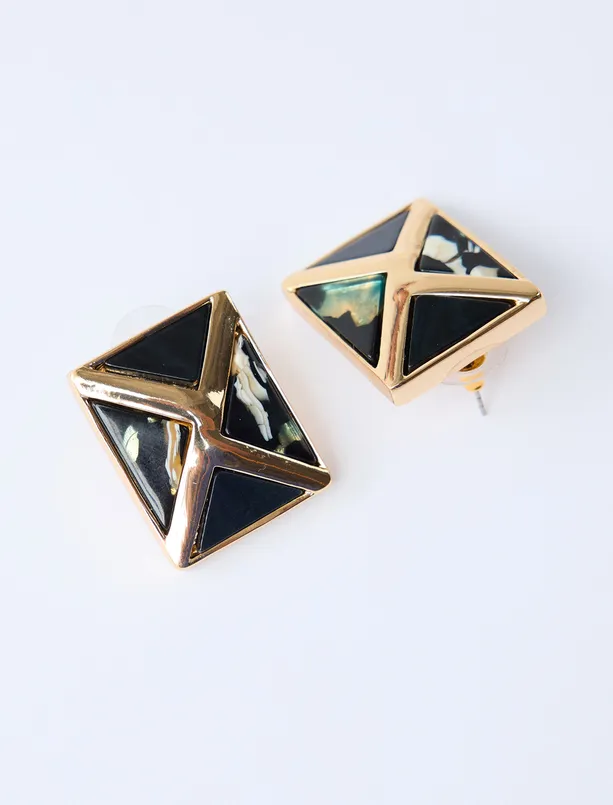 Women Mixed Square Figured Cross Patterned Earrings