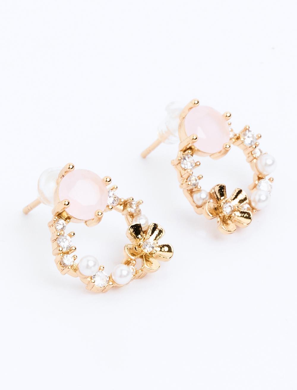 Parlak Taşlı Çiçek Figürlü İncili Küpe