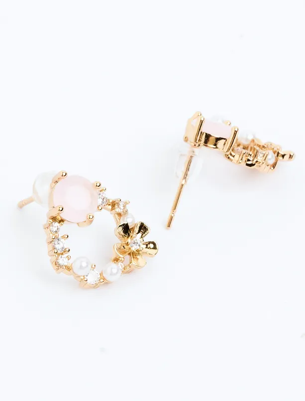 Bayan Sarı Parlak Taşlı Çiçek Figürlü İncili Küpe