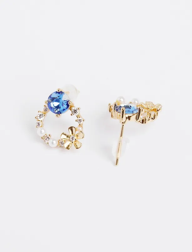 Bayan Mavi Parlak Taşlı Çiçek Figürlü İncili Küpe